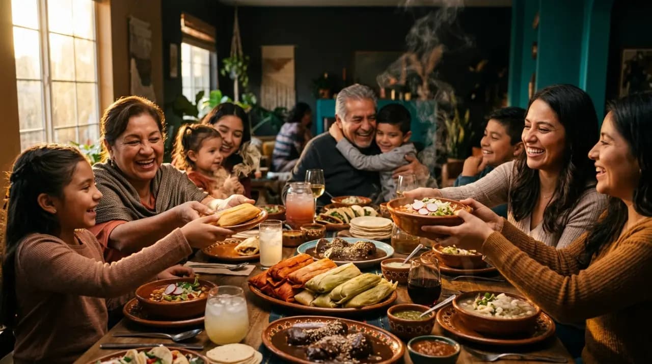 Mesa familiar mexicana llena de cazuelas compartidas durante una celebración