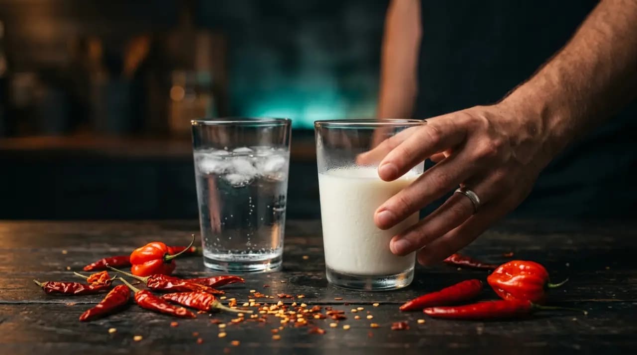 Vaso de leche junto a chiles jalapeños, serranos y habaneros sobre una mesa de madera, remedio contra lo enchilado