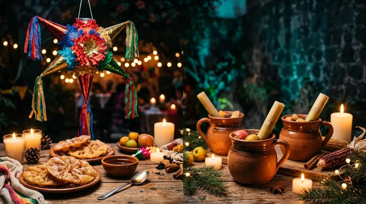 Piñata mexicana de siete picos de colores junto a tazas de ponche navideño caliente con frutas