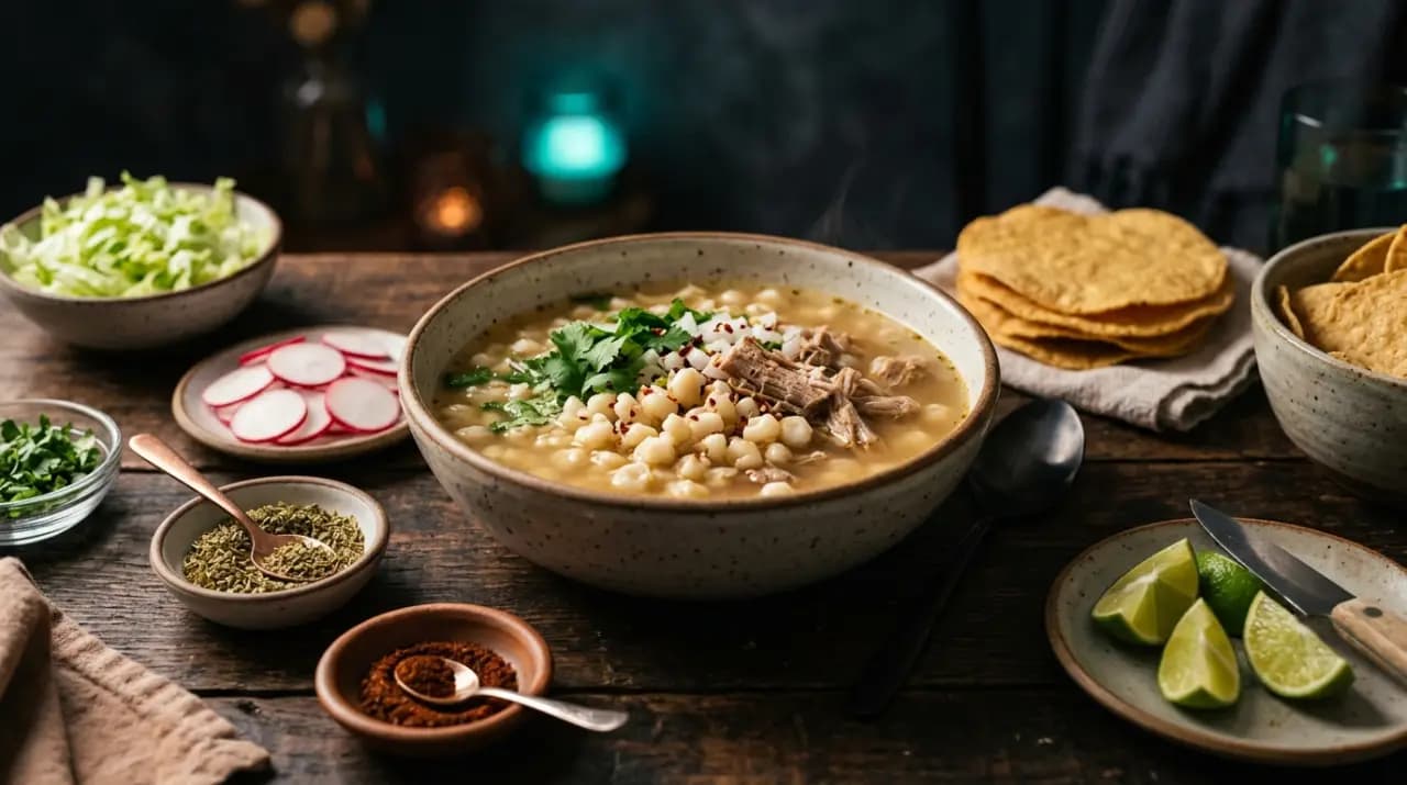 Plato de pozole rojo con granos de maíz cacahuazintle, rábano, lechuga y tostadas al lado