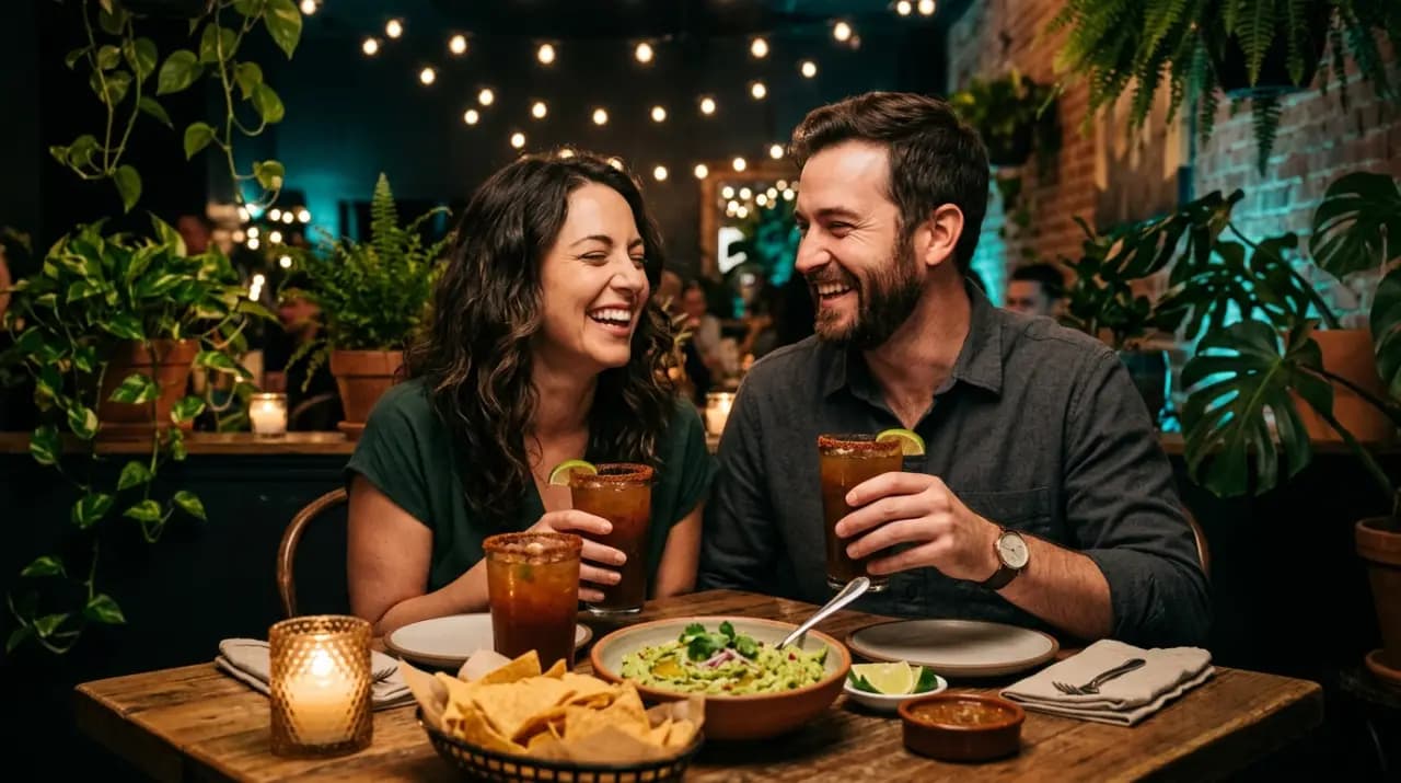 Pareja compartiendo tacos y guacamole al centro de la mesa en un restaurante mexicano con luz cálida en Madrid