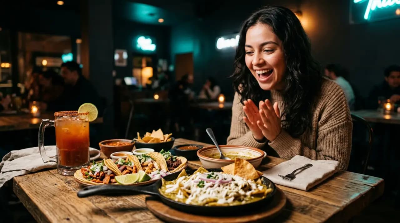 Mesa de restaurante mexicano con tacos, chilaquiles, salsas aparte y una michelada, lista para un comensal primerizo