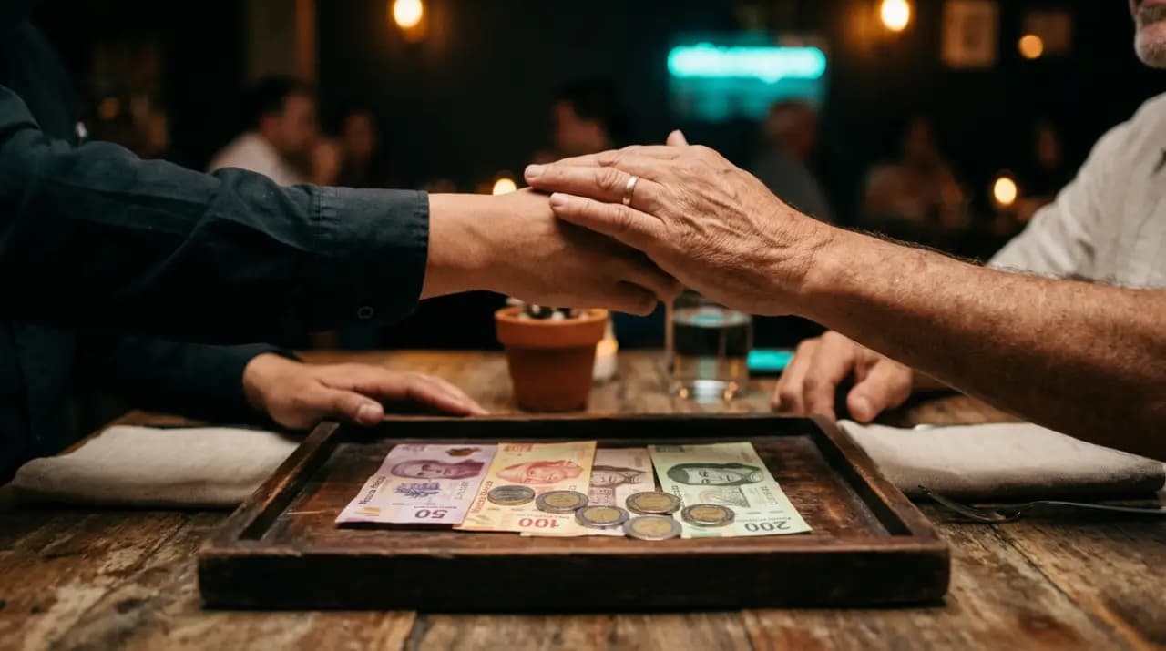 Cuenta de restaurante mexicano con billetes y monedas de propina sobre la mesa