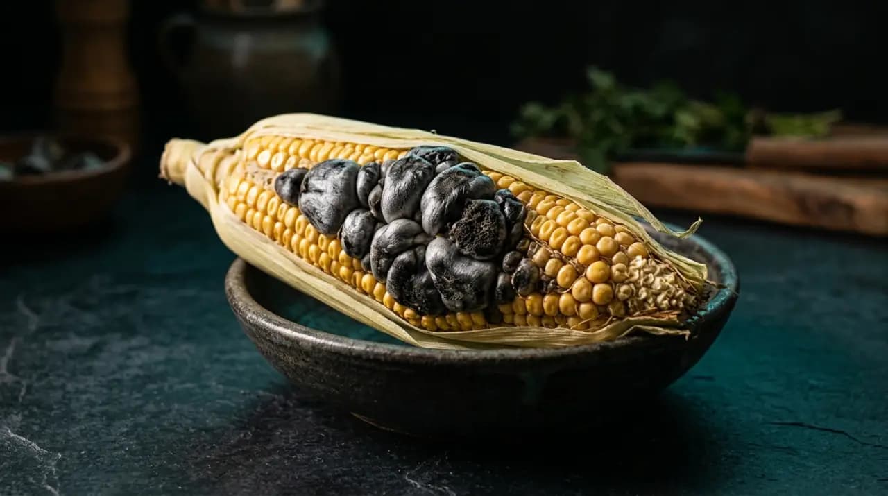 Mazorca de maíz con granos de huitlacoche negro grisáceo junto a una quesadilla abierta rellena del hongo guisado