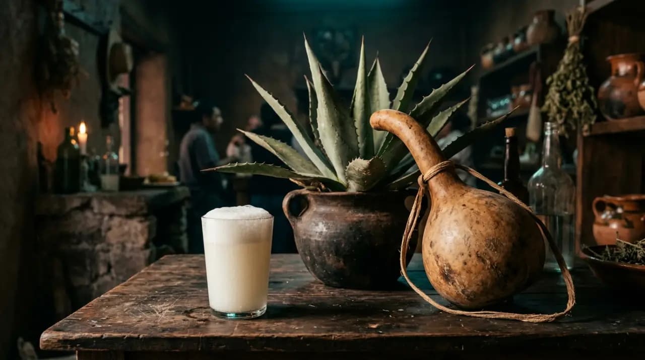 Vaso de pulque blanco espumoso junto a una penca de maguey y jarras de barro en una pulquería