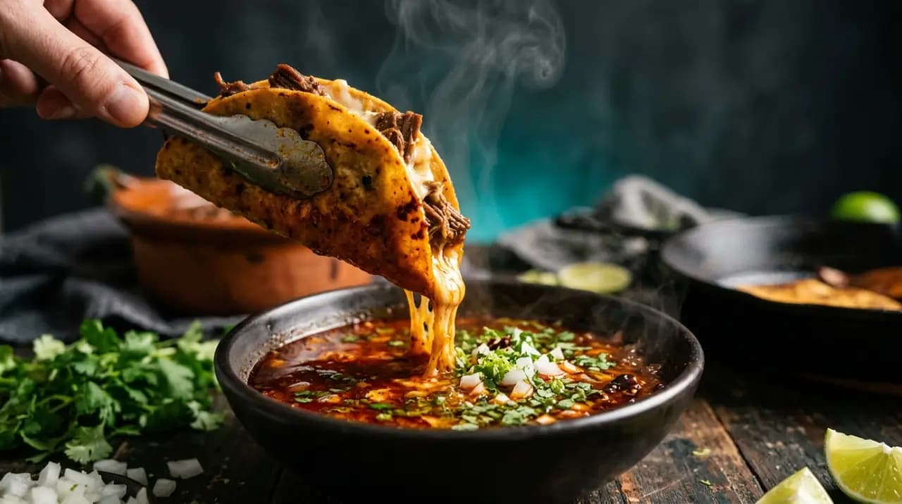 Tacos de birria dorados en el comal junto a un vaso de consomé rojo con cebolla y cilantro