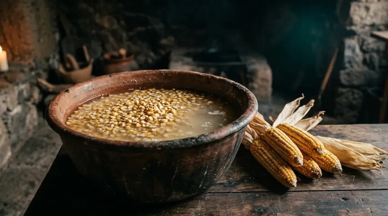 Granos de maíz nixtamalizado escurriendo junto a masa fresca y tortillas recién hechas sobre un comal