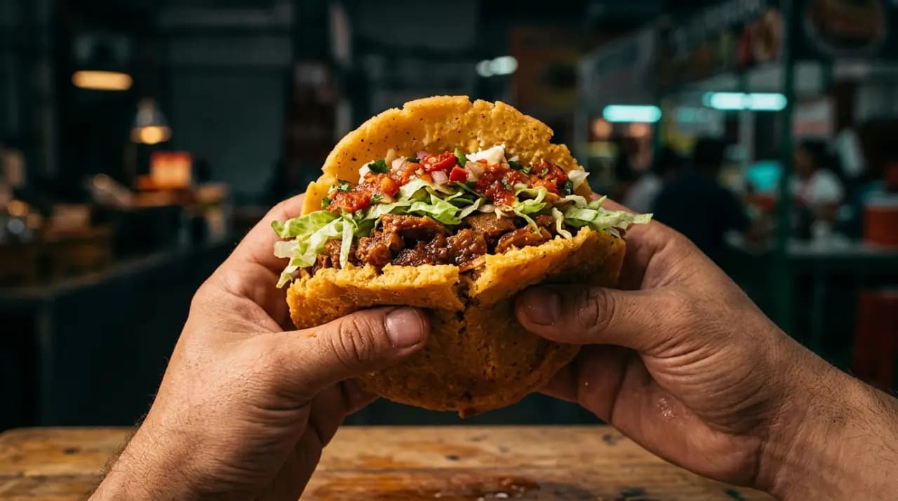 Gorditas de maíz abiertas y rellenas de chicharrón prensado con salsa verde sobre un comal