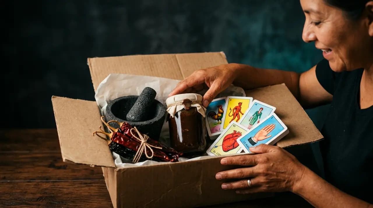 Cesta de regalo con chiles secos, mole en pasta, dulces de tamarindo y una lotería mexicana