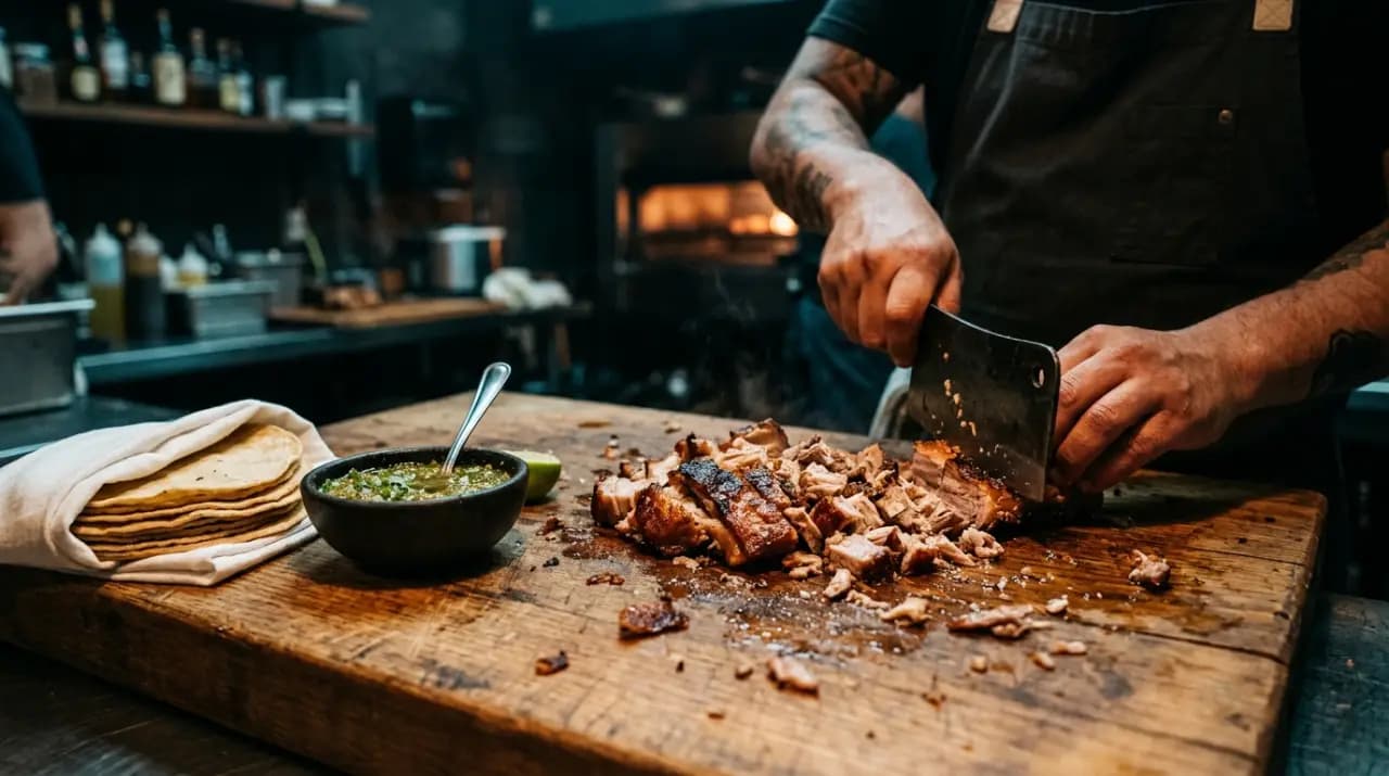 Carnitas de cerdo doradas y jugosas recién sacadas del cazo, con tortillas de maíz, limón y salsa verde