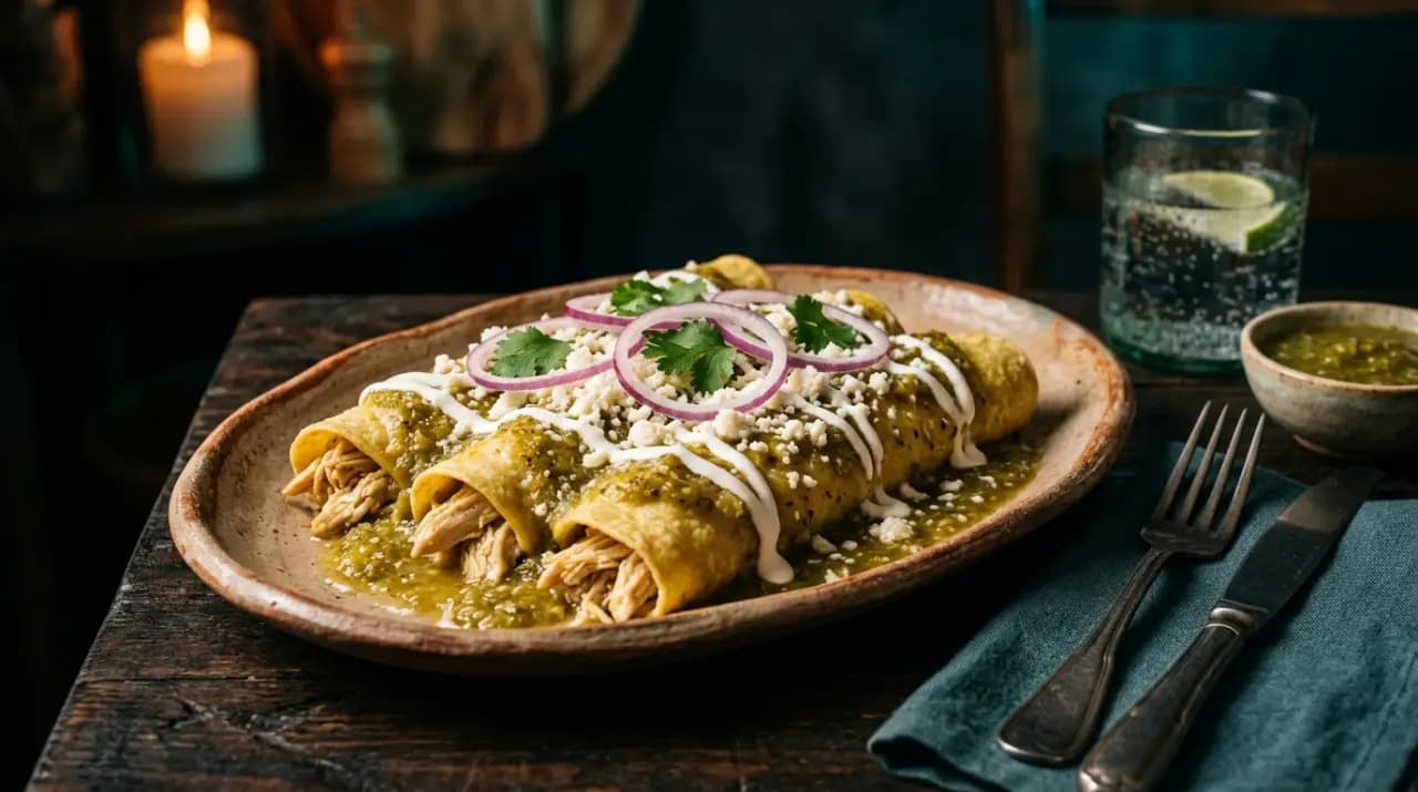 Plato de enchiladas verdes bañadas en salsa con crema, queso fresco, cebolla morada y cilantro