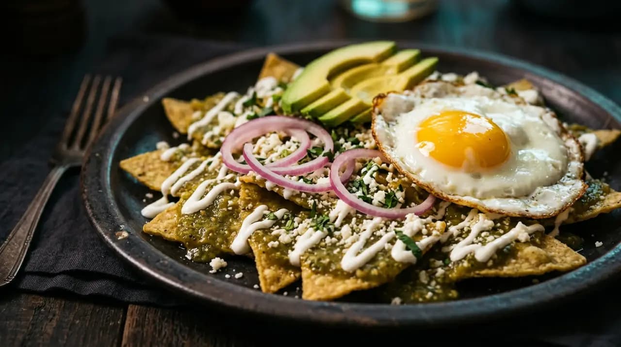 Plato de chilaquiles verdes con crema, queso fresco, cebolla morada y huevo estrellado encima
