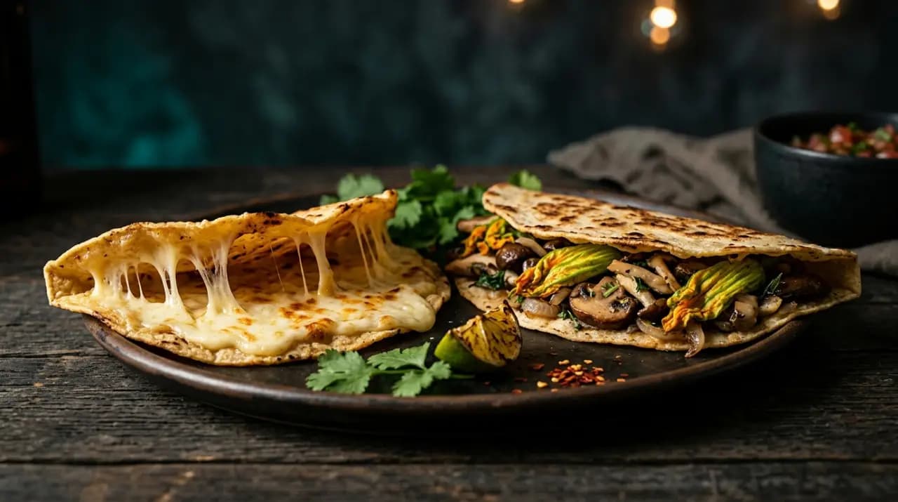 Quesadillas de maíz en el comal, una abierta mostrando queso fundido y otra rellena de guiso sin queso