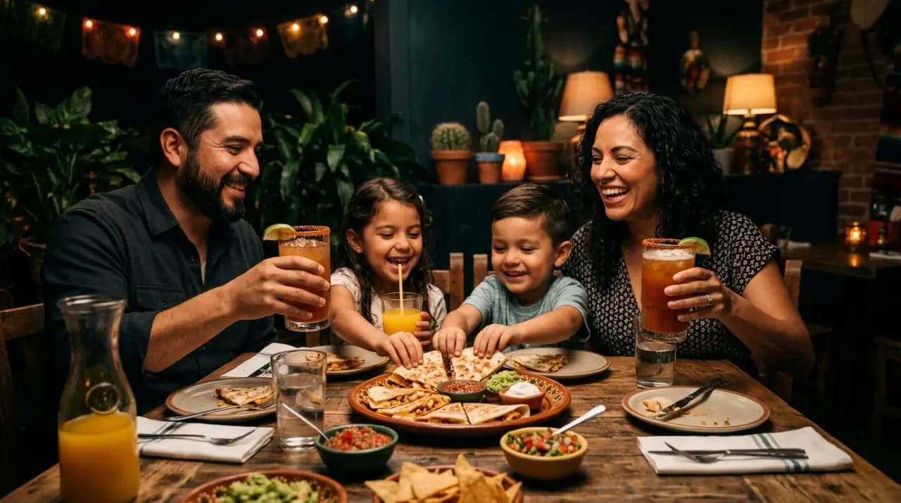 Familia comiendo quesadillas y tacos dorados en un restaurante mexicano de Madrid con salsas servidas aparte