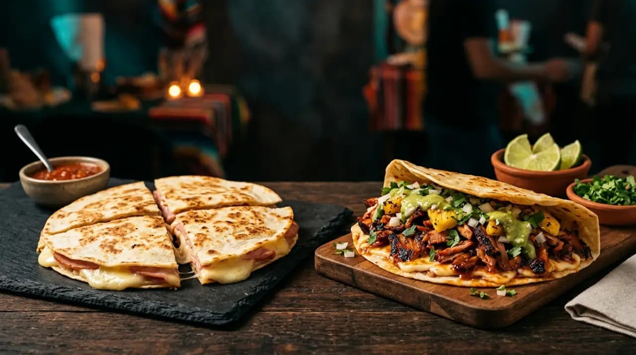 Sincronizada de jamón y queso cortada en cuartos con el queso fundido estirándose entre las tortillas de harina