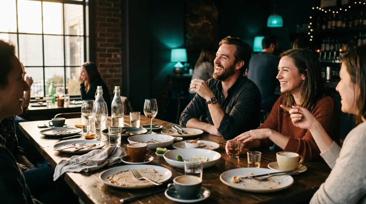 Mesa después de la comida con tazas de café de olla, caballitos de mezcal y platos compartidos, gente conversando