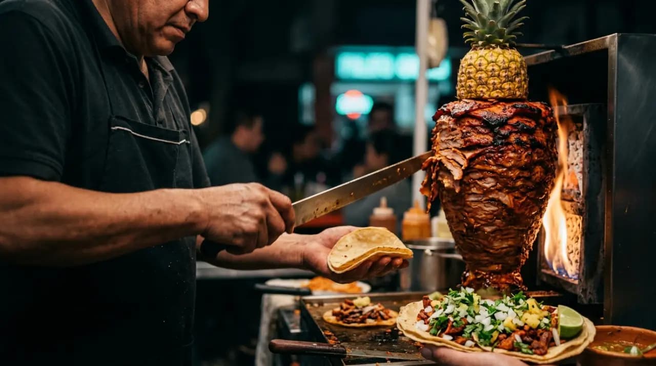 Tacos al pastor con piña, cebolla y cilantro sobre tortilla de maíz en una taquería de Madrid