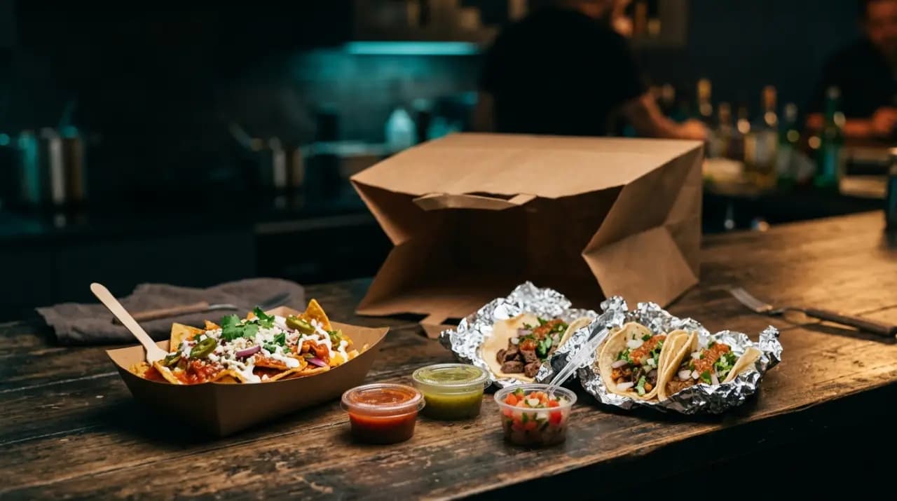 Bolsa de take away con tacos mexicanos para llevar recogida en un restaurante de Madrid centro