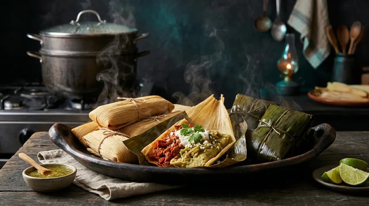 Tamales mexicanos envueltos en hoja de maíz recién salidos de la vaporera, uno abierto mostrando la masa
