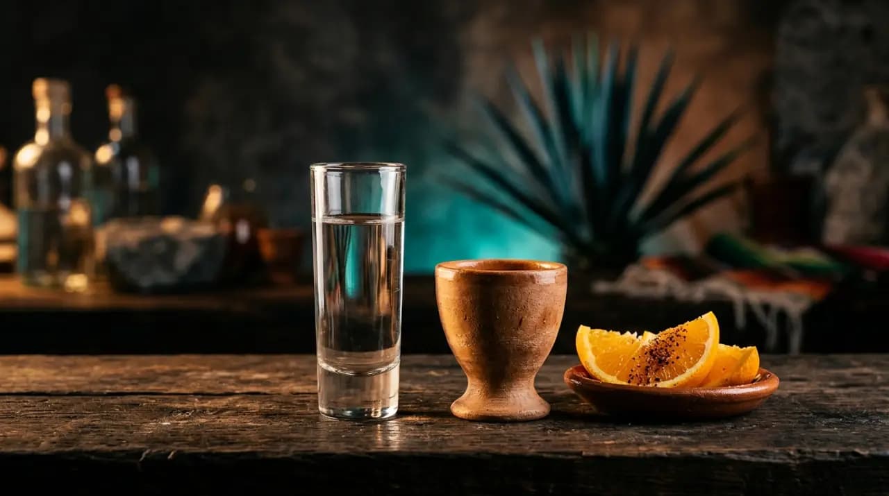 Caballito de tequila y jícara de mezcal con naranja y sal de gusano sobre mesa de madera