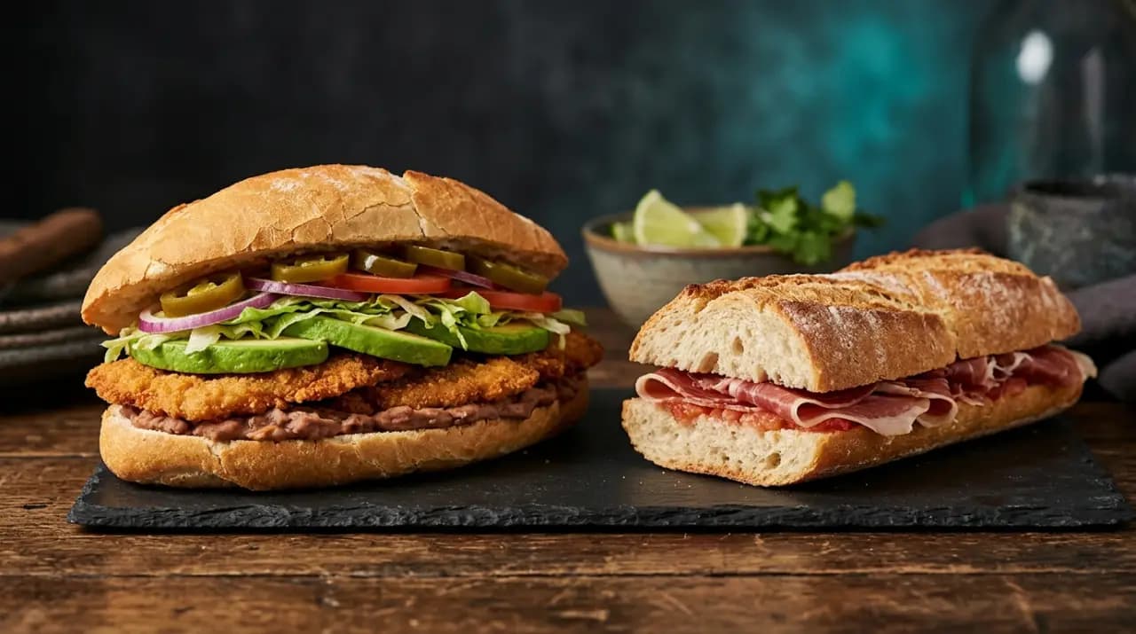Torta mexicana de milanesa en pan telera con aguacate, frijoles y chiles en vinagre