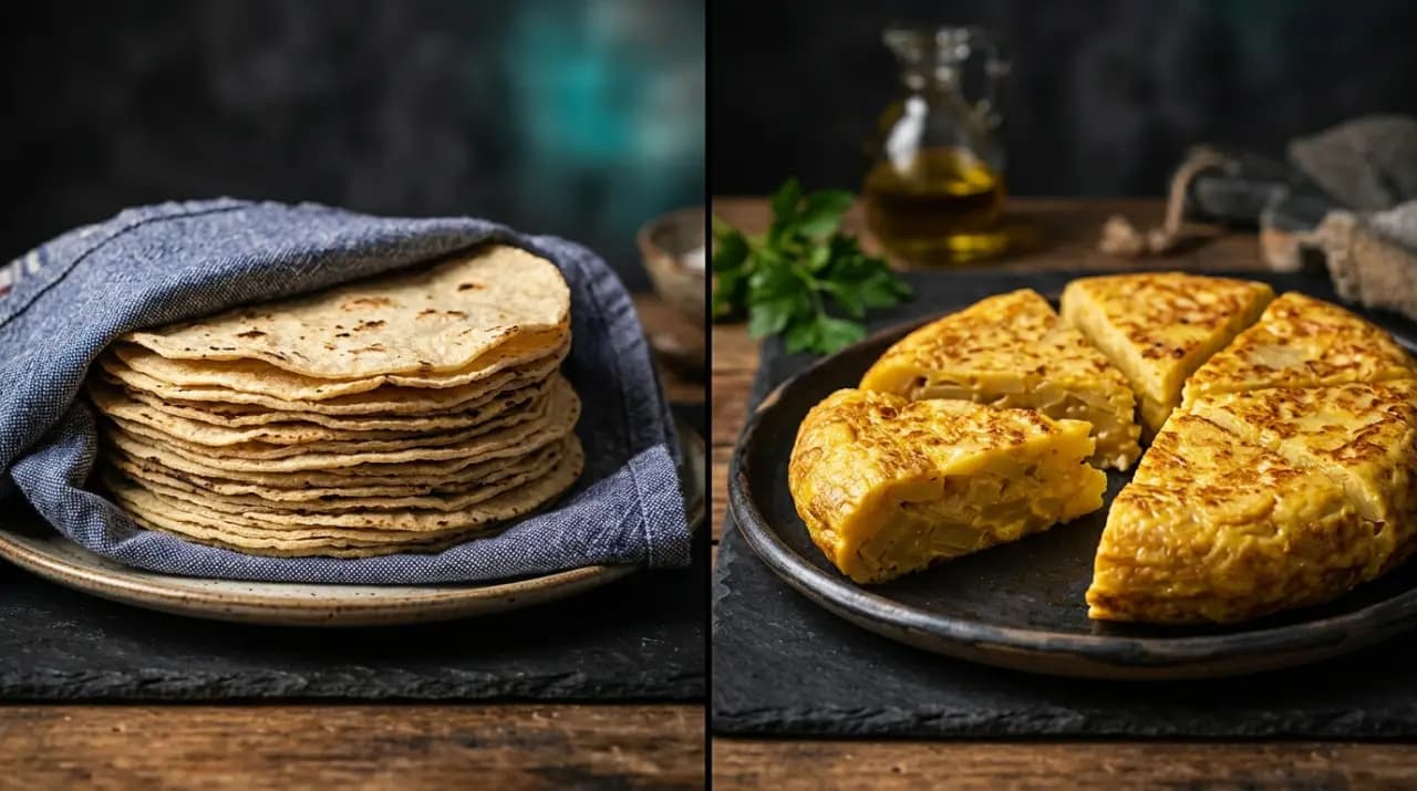 Tortillas mexicanas de maíz apiladas junto a una tortilla española de patata, cara a cara