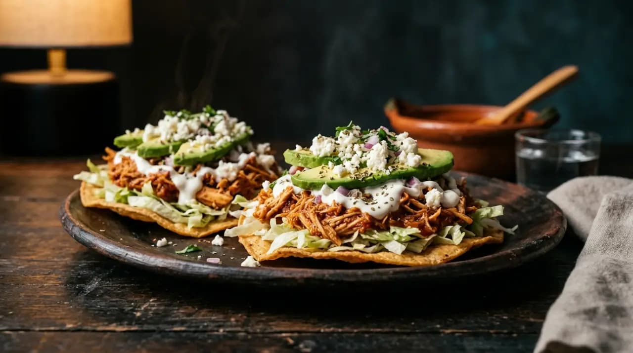 Tostada mexicana de tinga de pollo con crema, lechuga, queso fresco y aguacate sobre plato de barro
