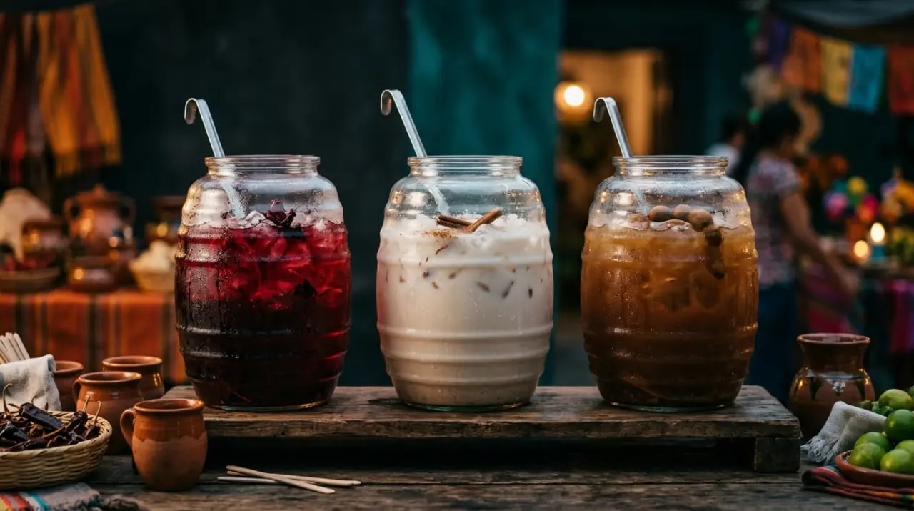 Jarras de aguas frescas mexicanas de jamaica, horchata y tamarindo con hielo sobre una mesa soleada