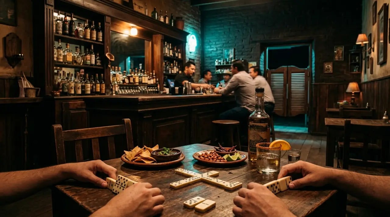 Barra de cantina mexicana tradicional con botanas, cervezas y caballitos de tequila