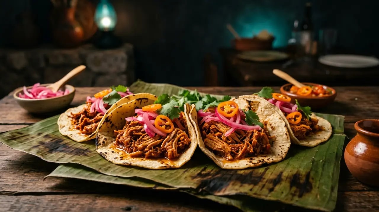 Cochinita pibil deshebrada sobre hoja de plátano con cebolla morada encurtida y tortillas de maíz