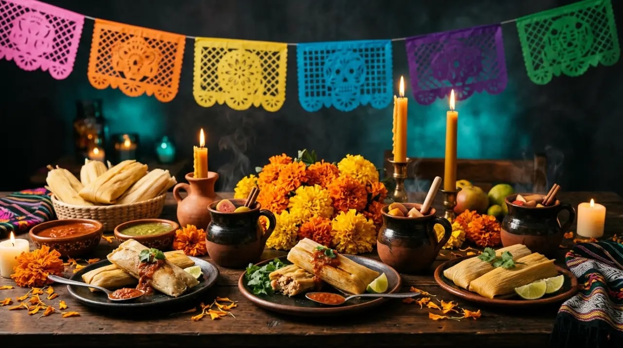 Mesa festiva mexicana con papel picado de colores, pan de muerto, tamales y flores de cempasúchil