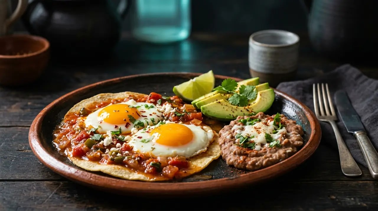 Plato de huevos rancheros: dos huevos fritos sobre tortillas de maíz bañados en salsa roja de tomate con frijoles refritos