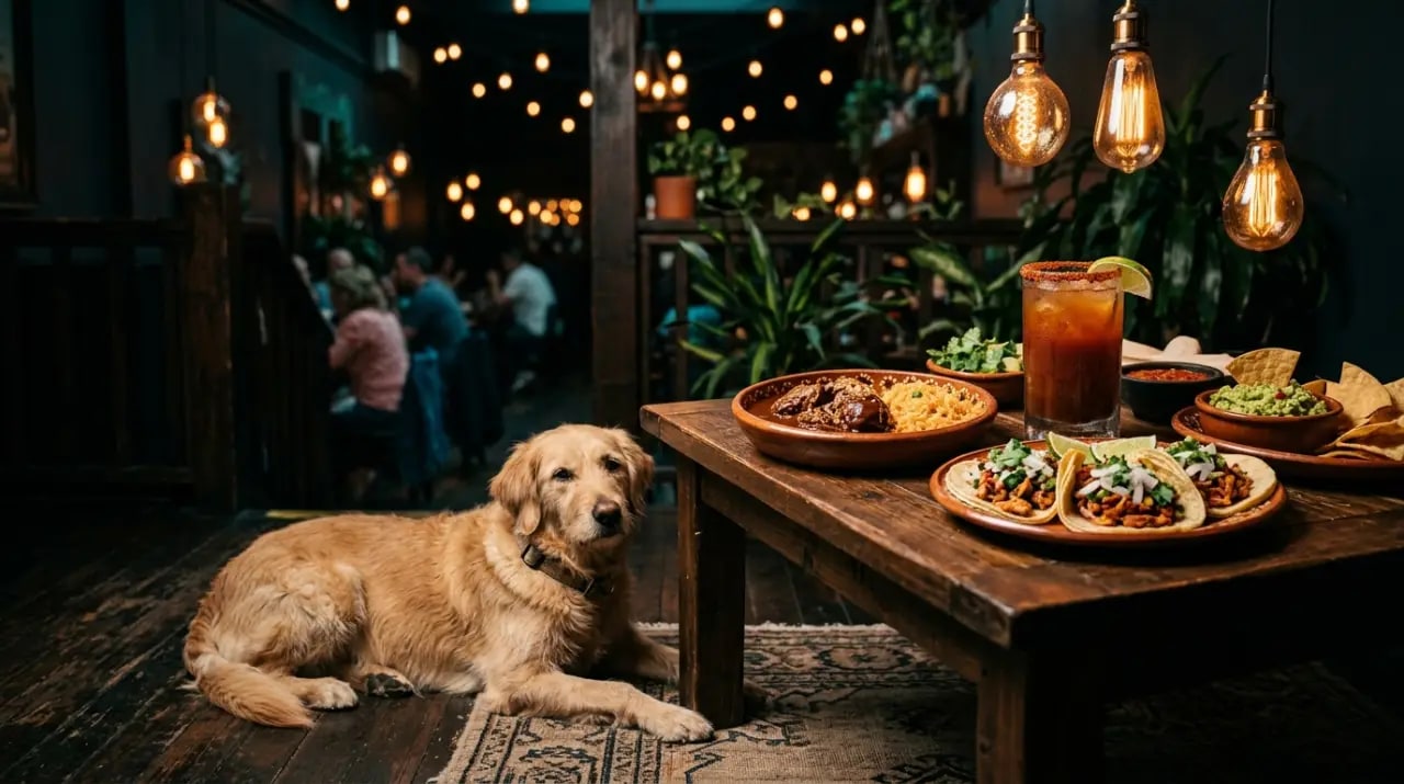 Perro tumbado junto a una mesa con chilaquiles en un restaurante mexicano pet friendly de Madrid