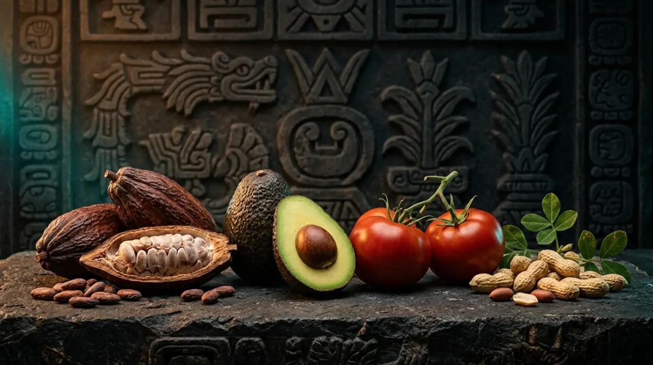 Cacao, aguacate, tomate y chiles sobre una mesa con un códice ilustrando palabras de origen náhuatl