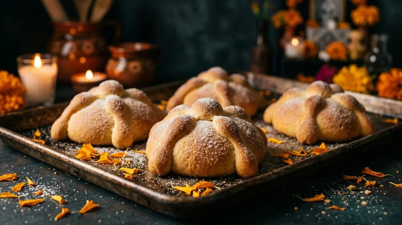 Pan de muerto mexicano espolvoreado con azúcar, con sus huesitos de masa, junto a una taza de chocolate caliente