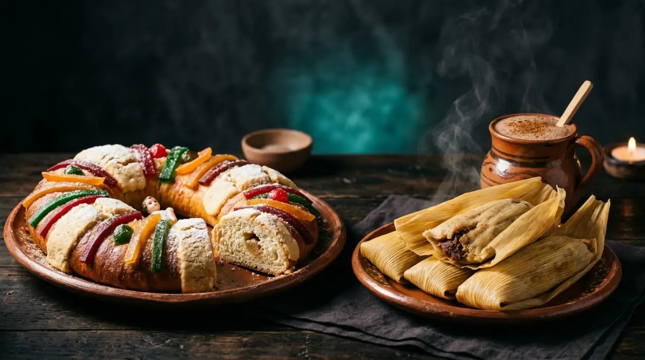 Rosca de Reyes mexicana con ate y fruta cristalizada junto a tamales envueltos en hoja de maíz