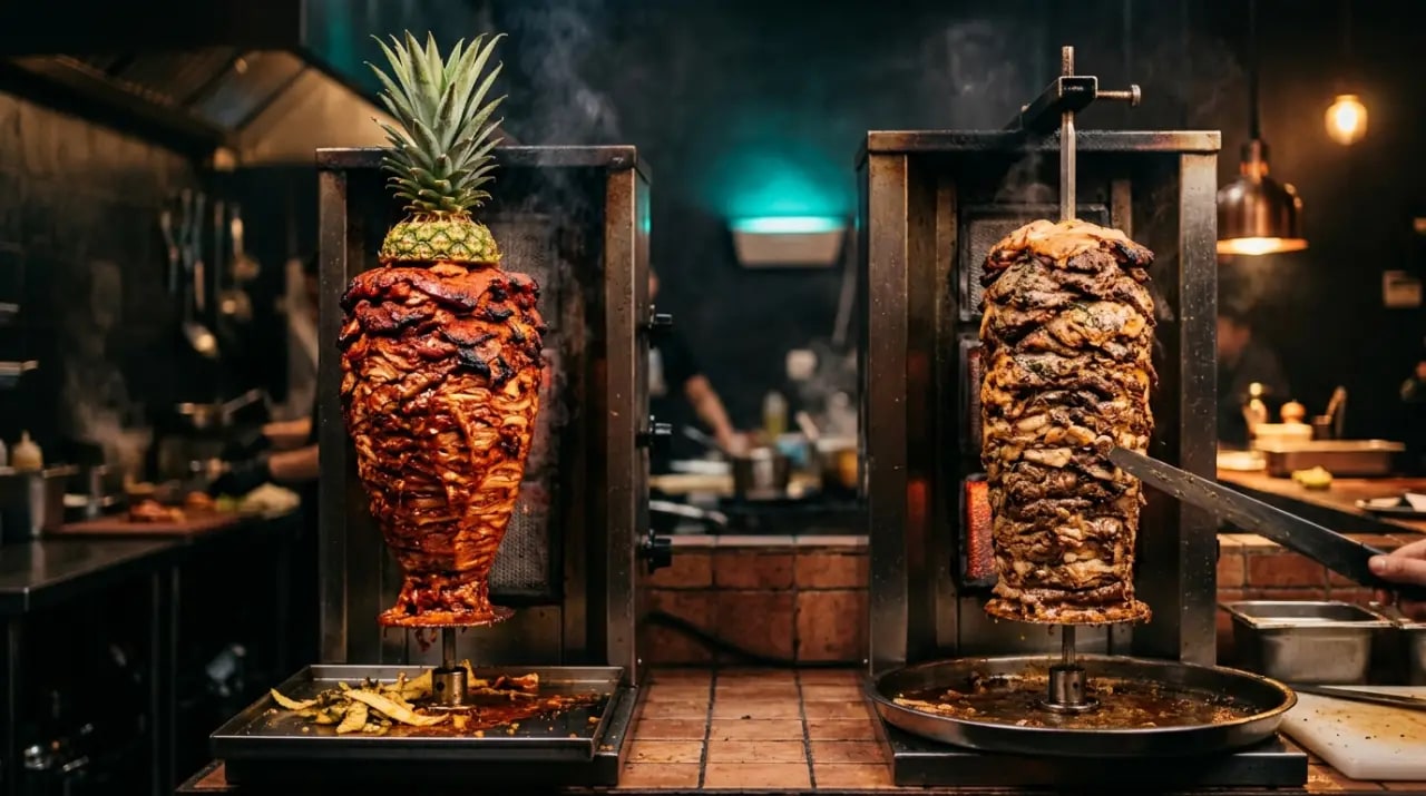Trompo de carne al pastor color rojizo con piña en la punta junto a un döner kebab, comparados lado a lado
