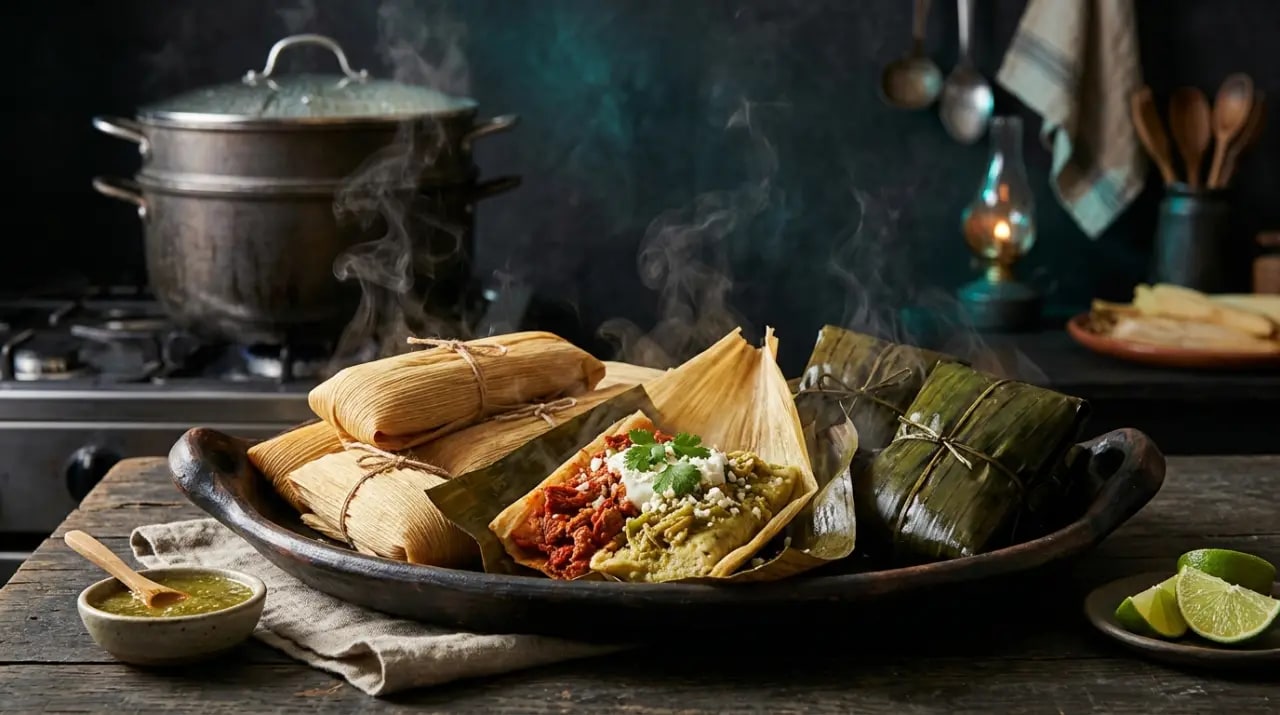 Tamales mexicanos envueltos en hoja de maíz recién salidos de la vaporera, uno abierto mostrando la masa