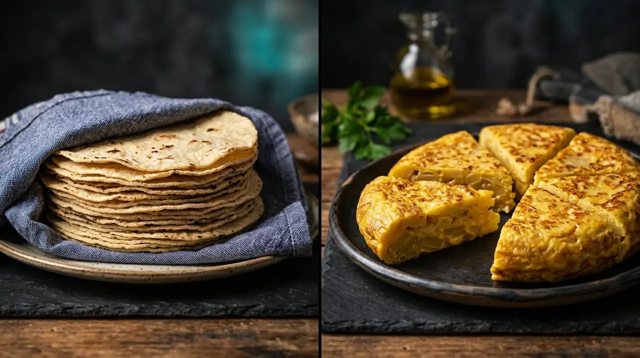 Tortillas mexicanas de maíz apiladas junto a una tortilla española de patata, cara a cara