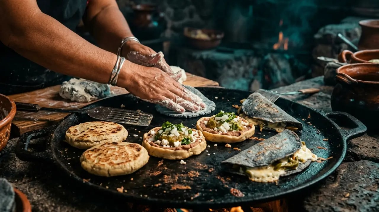 Surtido de antojitos mexicanos sobre comal: sopes, gorditas y quesadillas de maíz con salsas