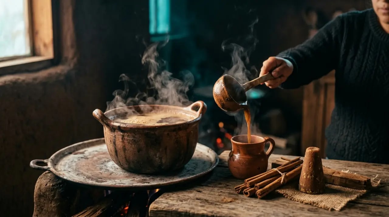 Café de olla mexicano servido en jarrito de barro con rama de canela y piloncillo