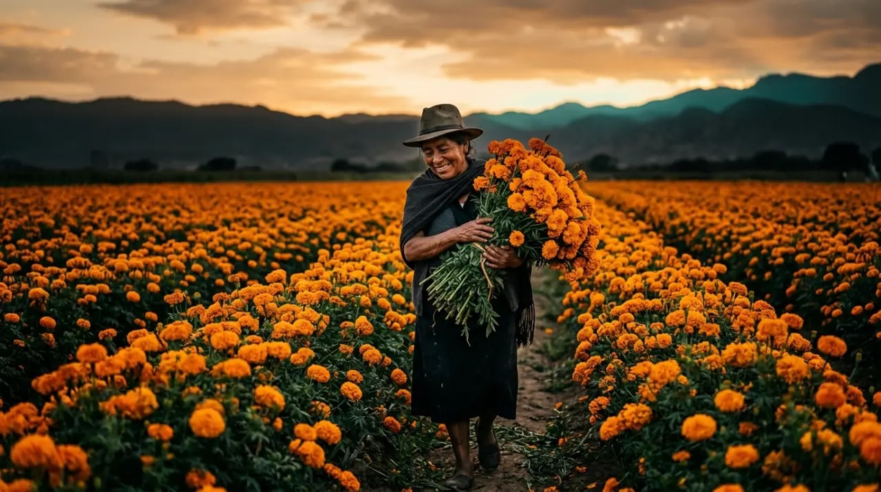 Flores de cempasúchil naranjas formando un camino de pétalos hacia una ofrenda de Día de Muertos