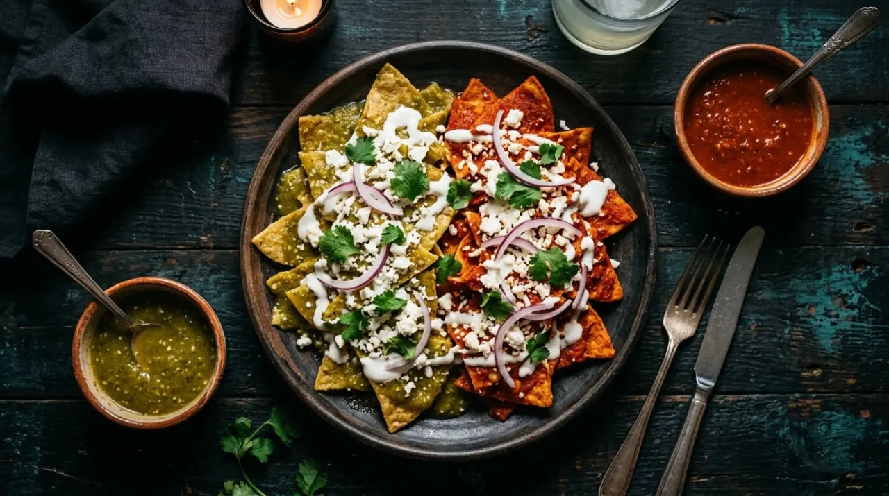 Plato de chilaquiles divorciados con mitad de salsa verde y mitad de salsa roja separadas por crema