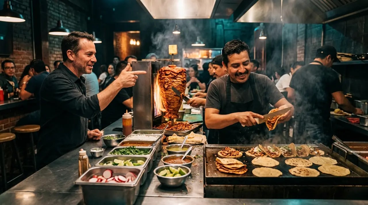 Taquero sirviendo tacos al pastor en la barra mientras los clientes esperan de pie con salsas y limones delante