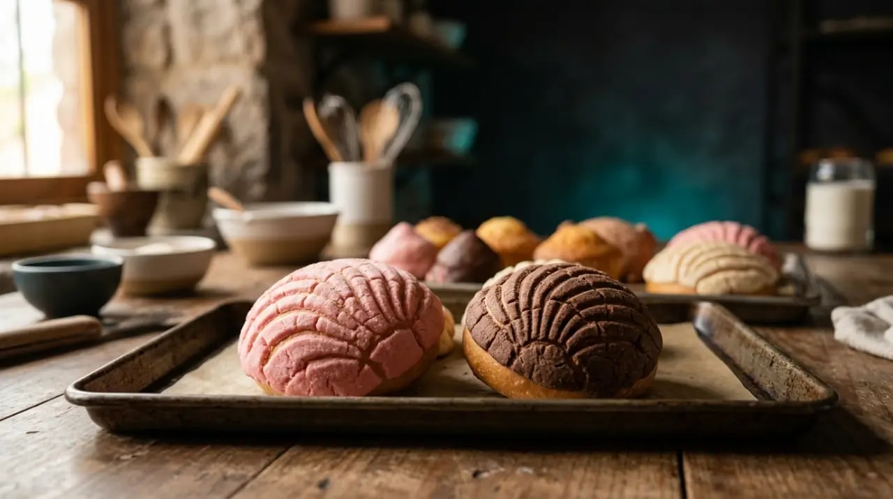 Conchas mexicanas de vainilla y chocolate recién horneadas en una charola de panadería junto a una taza de café de olla