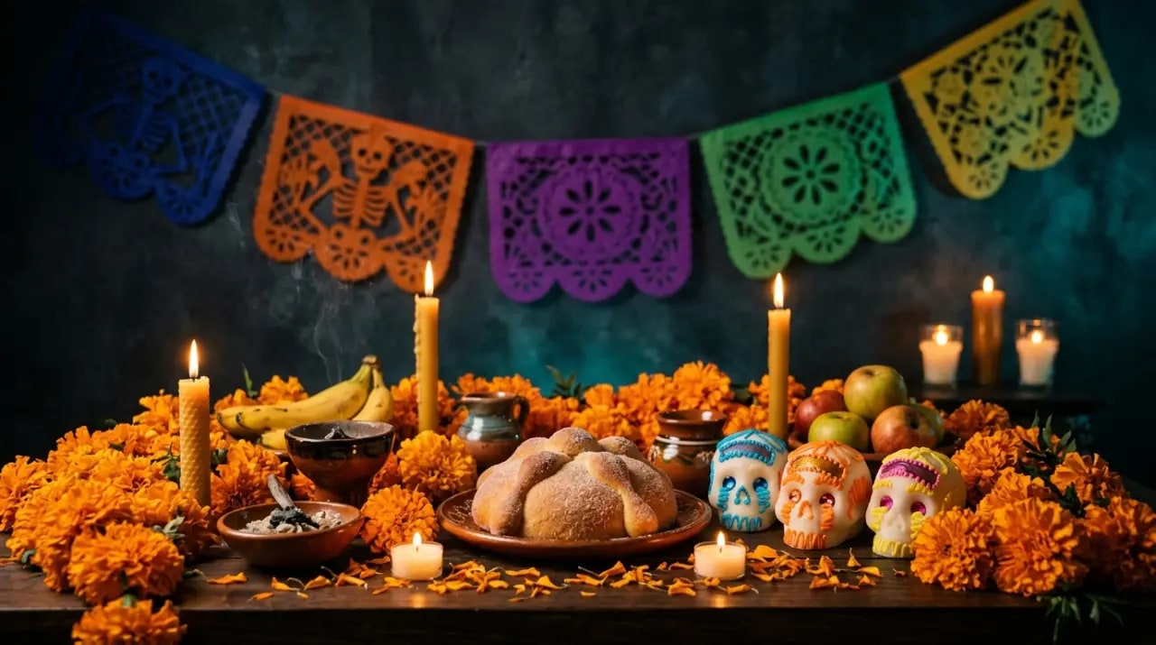 Altar de Día de Muertos con flores de cempasúchil naranjas, velas, papel picado y pan de muerto