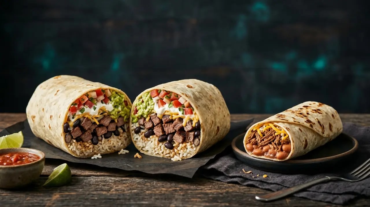 Burrito norteño fino de tortilla de harina cortado por la mitad junto a un burrito estilo California grande envuelto en papel de aluminio