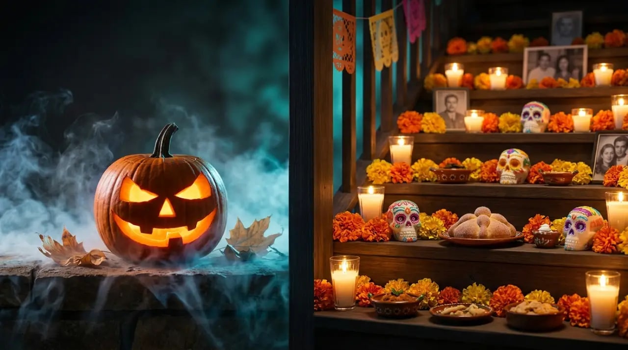 Altar de Día de Muertos con cempasúchil, velas y calaveritas de azúcar junto a una calabaza de Halloween iluminada