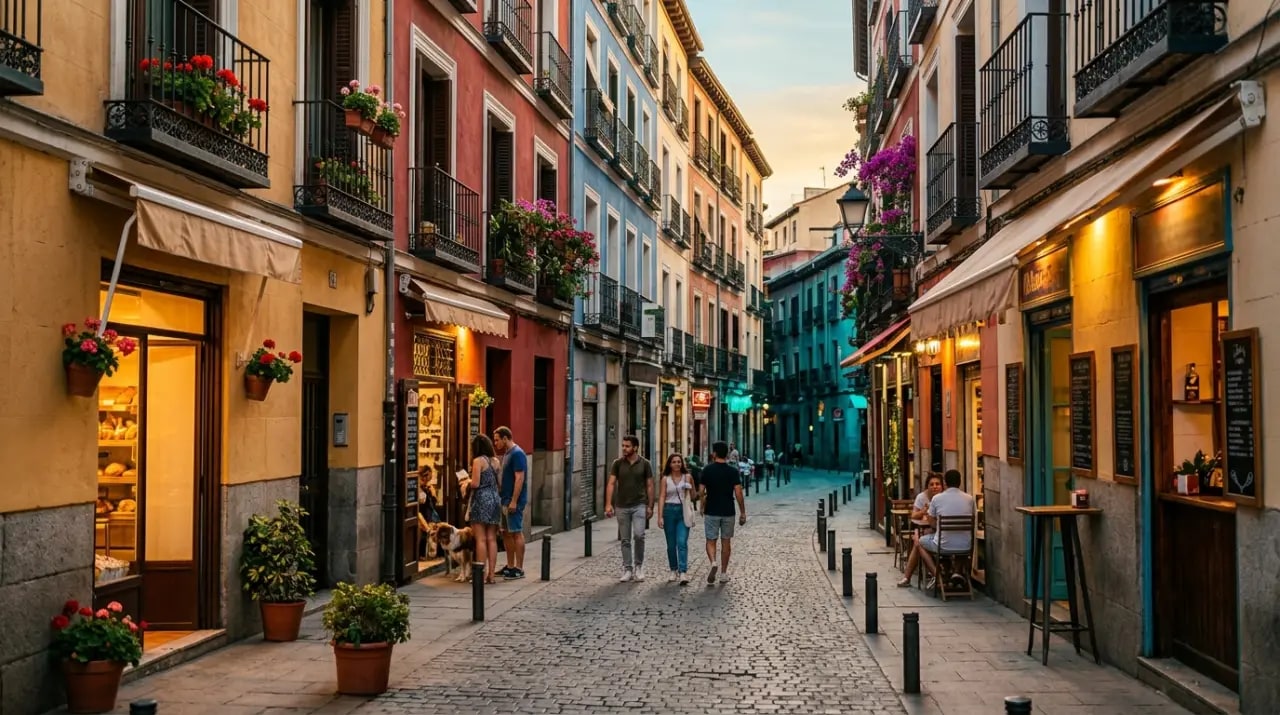 Calle de Malasaña en Madrid con gente paseando, a un paso del restaurante mexicano de San Bernardino 7