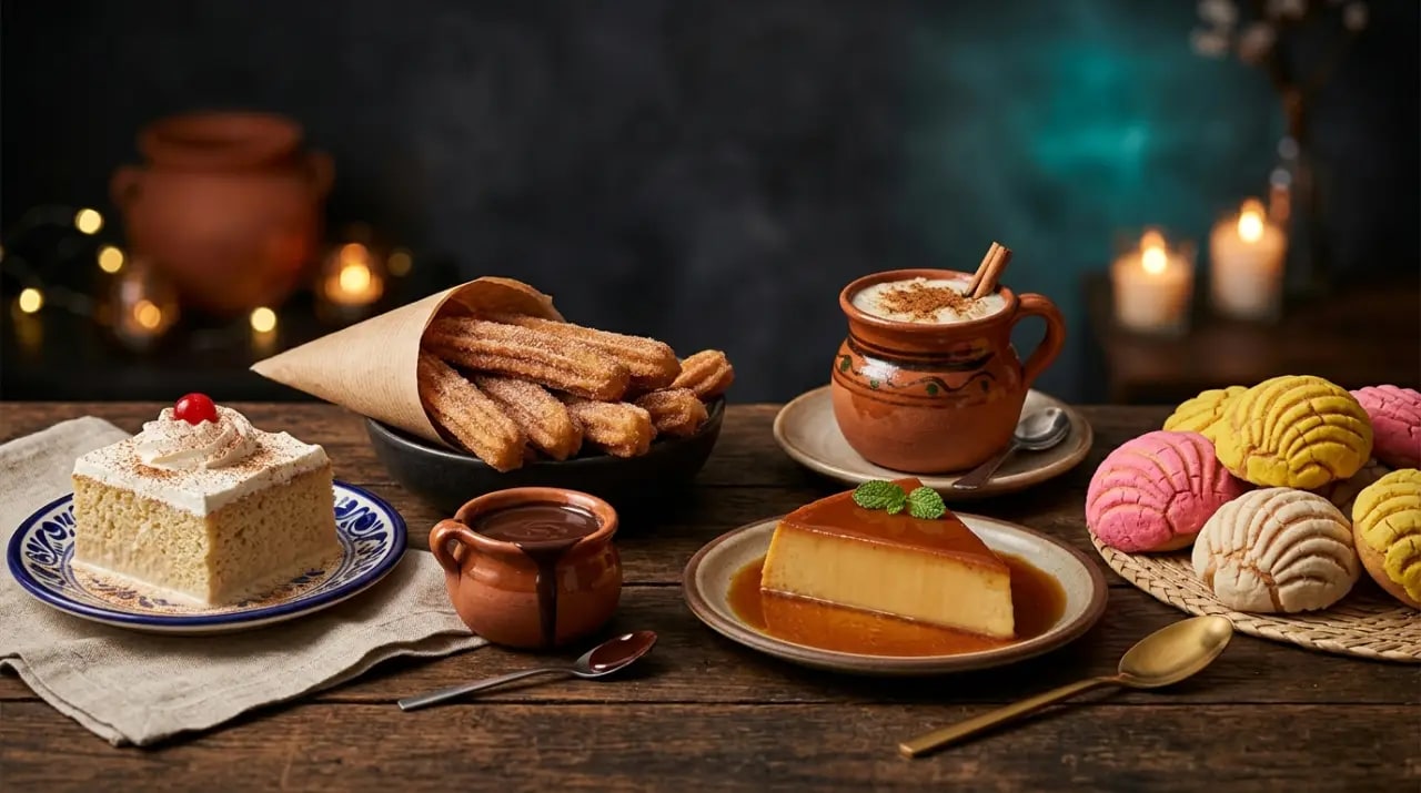 Porción de pastel tres leches con canela junto a flan napolitano, postres mexicanos clásicos